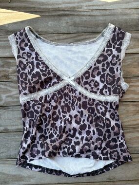 Lace Trim Leopard Print V-Neck Tank Top - Mauve & Black